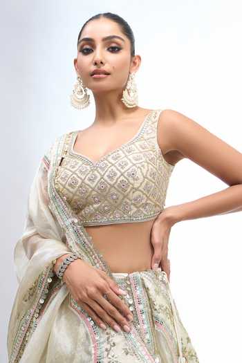 Shop_Gopi Vaid_Gold Leaf Neck Floral Embroidered Lehenga Set _Online_at_Aza_Fashions