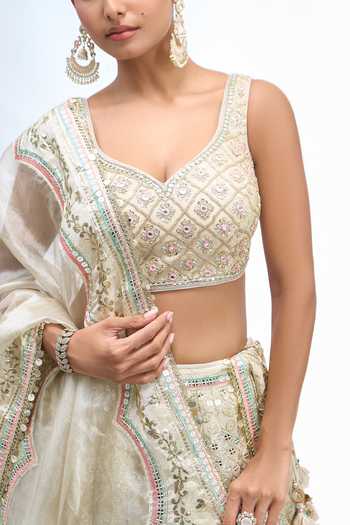 Gopi Vaid_Gold Leaf Neck Floral Embroidered Lehenga Set _at_Aza_Fashions