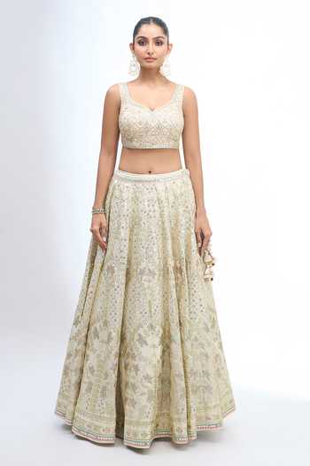 Buy_Gopi Vaid_Gold Leaf Neck Floral Embroidered Lehenga Set 