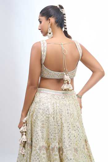 Shop_Gopi Vaid_Gold Leaf Neck Floral Embroidered Lehenga Set 