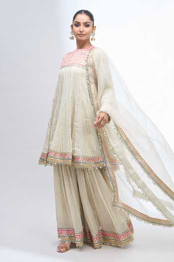 Shop_Gopi Vaid_Ivory Round Neck Embroidered Anarkali Sharara Set _Online_at_Aza_Fashions