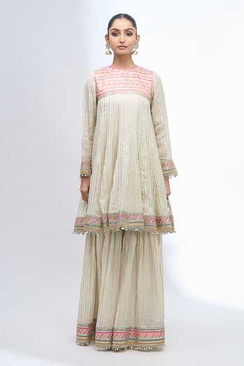 Gopi Vaid_Ivory Round Neck Embroidered Anarkali Sharara Set _at_Aza_Fashions