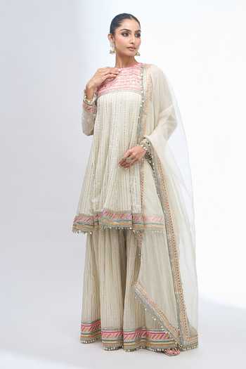Buy_Gopi Vaid_Ivory Round Neck Embroidered Anarkali Sharara Set 