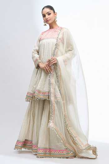 Shop_Gopi Vaid_Ivory Round Neck Embroidered Anarkali Sharara Set 