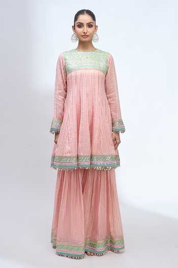 Buy_Gopi Vaid_Pink High Neck Embroidered Anarkali Sharara Set _Online_at_Aza_Fashions