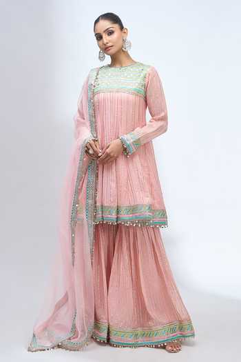 Shop_Gopi Vaid_Pink High Neck Embroidered Anarkali Sharara Set _Online_at_Aza_Fashions