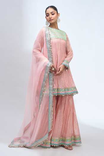 Gopi Vaid_Pink High Neck Embroidered Anarkali Sharara Set _at_Aza_Fashions