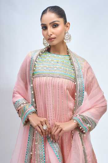 Buy_Gopi Vaid_Pink High Neck Embroidered Anarkali Sharara Set 