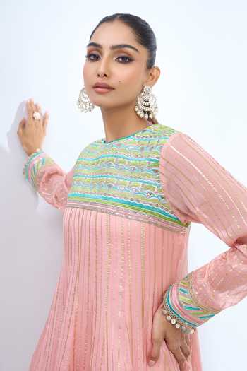 Shop_Gopi Vaid_Pink High Neck Embroidered Anarkali Sharara Set 