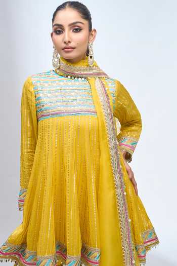 Buy_Gopi Vaid_Yellow Round Neck Embroidered Anarkali Sharara Set _Online_at_Aza_Fashions