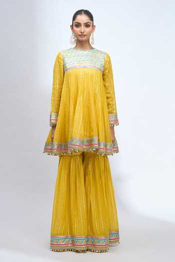 Shop_Gopi Vaid_Yellow Round Neck Embroidered Anarkali Sharara Set _Online_at_Aza_Fashions
