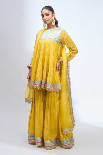 Gopi Vaid_Yellow Round Neck Embroidered Anarkali Sharara Set _at_Aza_Fashions