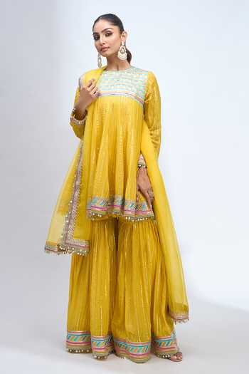 Buy_Gopi Vaid_Yellow Round Neck Embroidered Anarkali Sharara Set 