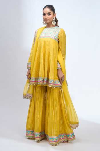 Shop_Gopi Vaid_Yellow Round Neck Embroidered Anarkali Sharara Set 