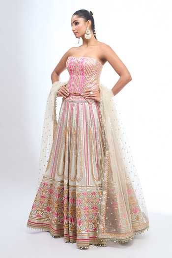 Buy Gopi Vaid Pink Zari Bandeau Neck Embroidered Corset Lehenga Set Online at Aza Fashions Buy_Gopi Vaid_Pink Zari Bandeau Neck Embroidered Corset Lehenga Set _Online_at_Aza_Fashions