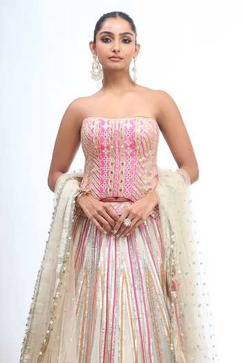 Shop Gopi Vaid Pink Zari Bandeau Neck Embroidered Corset Lehenga Set Online at Aza Fashions Shop_Gopi Vaid_Pink Zari Bandeau Neck Embroidered Corset Lehenga Set _Online_at_Aza_Fashions