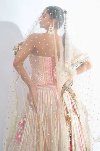 Gopi Vaid Pink Zari Bandeau Neck Embroidered Corset Lehenga Set at Aza Fashions Gopi Vaid_Pink Zari Bandeau Neck Embroidered Corset Lehenga Set _at_Aza_Fashions