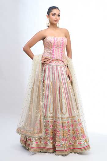 Buy Gopi Vaid Pink Zari Bandeau Neck Embroidered Corset Lehenga Set Buy_Gopi Vaid_Pink Zari Bandeau Neck Embroidered Corset Lehenga Set