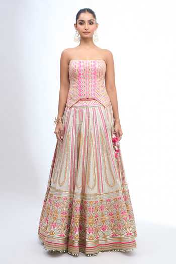 Shop Gopi Vaid Pink Zari Bandeau Neck Embroidered Corset Lehenga Set Shop_Gopi Vaid_Pink Zari Bandeau Neck Embroidered Corset Lehenga Set