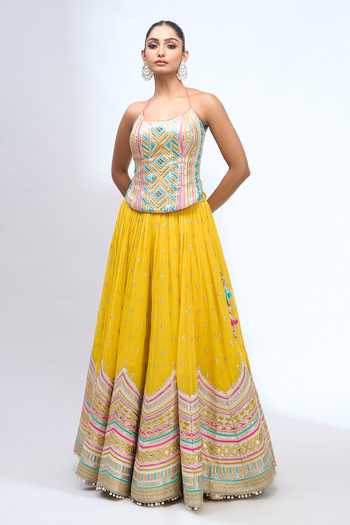 Buy_Gopi Vaid_Yellow Zari Scoop Neck Embroidered Corset Lehenga Set _Online_at_Aza_Fashions