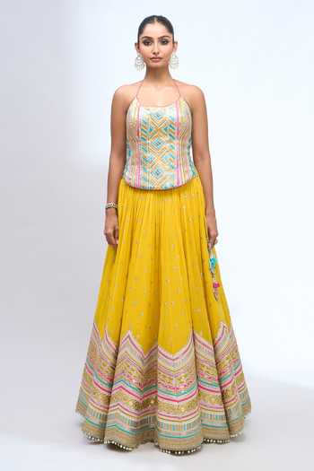 Shop_Gopi Vaid_Yellow Zari Scoop Neck Embroidered Corset Lehenga Set _Online_at_Aza_Fashions