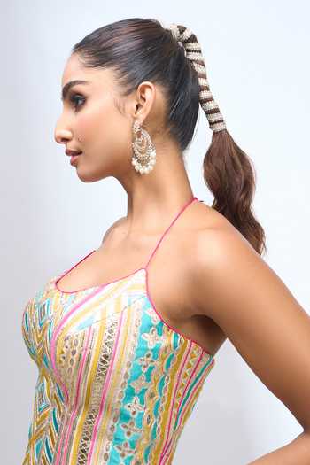 Gopi Vaid_Yellow Zari Scoop Neck Embroidered Corset Lehenga Set _at_Aza_Fashions
