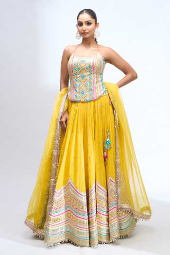 Buy_Gopi Vaid_Yellow Zari Scoop Neck Embroidered Corset Lehenga Set 