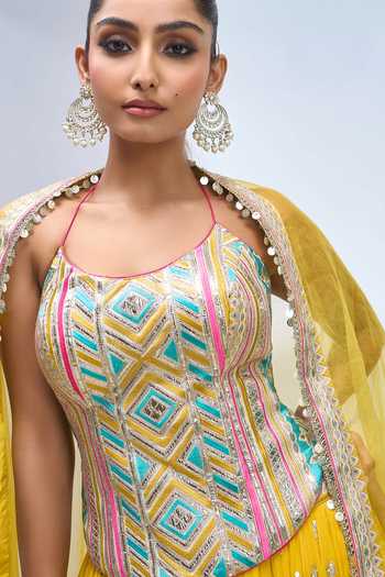 Shop_Gopi Vaid_Yellow Zari Scoop Neck Embroidered Corset Lehenga Set 