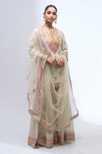 Buy Gopi Vaid Ivory V-neck, Yes Embroidered Kurta Sharara Set Online at Aza Fashions Buy_Gopi Vaid_Ivory V-neck, Yes Embroidered Kurta Sharara Set _Online_at_Aza_Fashions