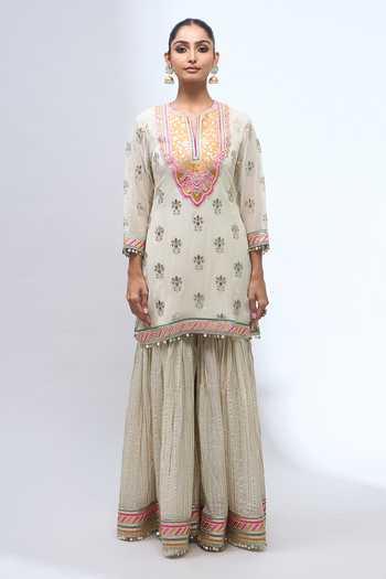 Shop Gopi Vaid Ivory V-neck, Yes Embroidered Kurta Sharara Set Online at Aza Fashions Shop_Gopi Vaid_Ivory V-neck, Yes Embroidered Kurta Sharara Set _Online_at_Aza_Fashions