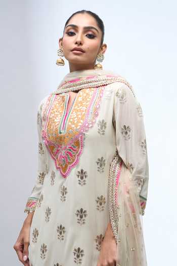 Gopi Vaid Ivory V-neck, Yes Embroidered Kurta Sharara Set at Aza Fashions Gopi Vaid_Ivory V-neck, Yes Embroidered Kurta Sharara Set _at_Aza_Fashions
