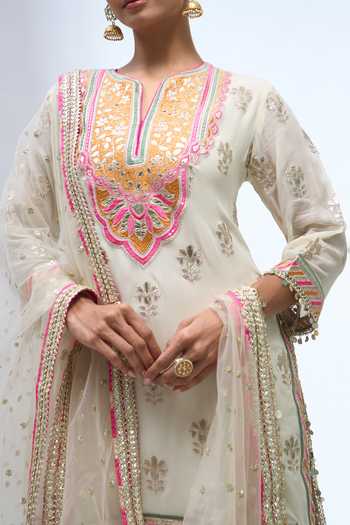 Shop Gopi Vaid Ivory V-neck, Yes Embroidered Kurta Sharara Set Shop_Gopi Vaid_Ivory V-neck, Yes Embroidered Kurta Sharara Set