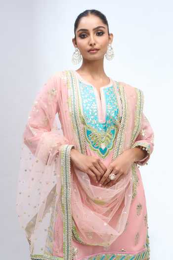 Shop Gopi Vaid Pink Notched Neck Embroidered Kurta Sharara Set Online at Aza Fashions Shop_Gopi Vaid_Pink Notched Neck Embroidered Kurta Sharara Set _Online_at_Aza_Fashions