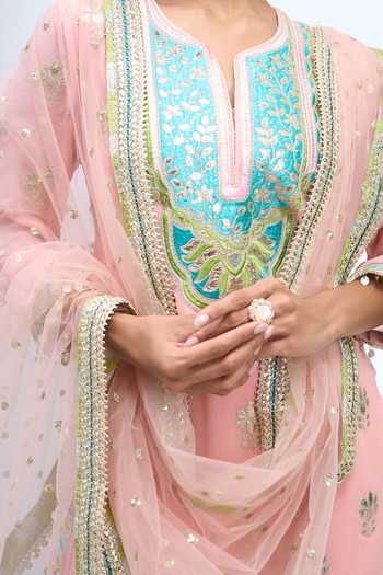 Gopi Vaid Pink Notched Neck Embroidered Kurta Sharara Set at Aza Fashions Gopi Vaid_Pink Notched Neck Embroidered Kurta Sharara Set _at_Aza_Fashions