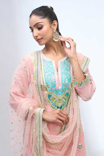Buy Gopi Vaid Pink Notched Neck Embroidered Kurta Sharara Set Buy_Gopi Vaid_Pink Notched Neck Embroidered Kurta Sharara Set