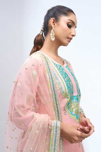 Shop Gopi Vaid Pink Notched Neck Embroidered Kurta Sharara Set Shop_Gopi Vaid_Pink Notched Neck Embroidered Kurta Sharara Set