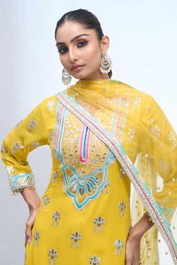 Buy_Gopi Vaid_Yellow Split V-neck, Yes Embroidered Kurta Sharara Set _Online_at_Aza_Fashions