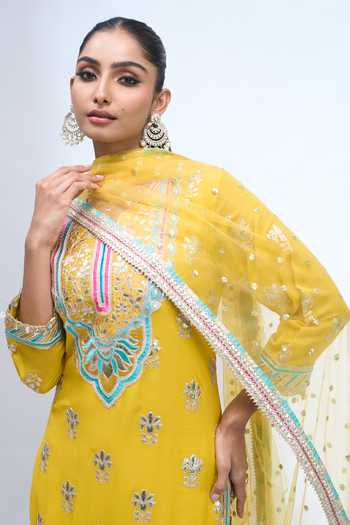 Shop_Gopi Vaid_Yellow Split V-neck, Yes Embroidered Kurta Sharara Set _Online_at_Aza_Fashions