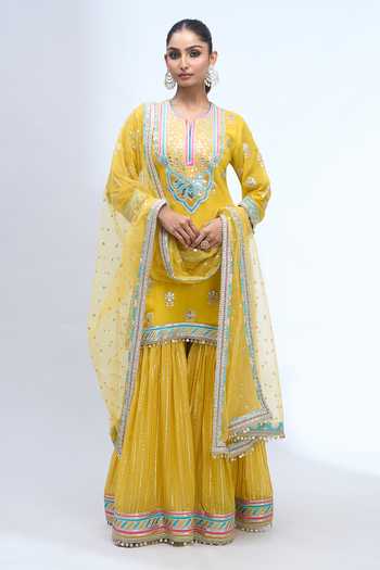 Gopi Vaid_Yellow Split V-neck, Yes Embroidered Kurta Sharara Set _at_Aza_Fashions