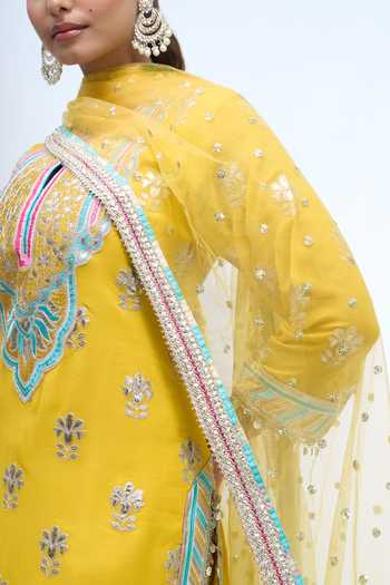 Buy_Gopi Vaid_Yellow Split V-neck, Yes Embroidered Kurta Sharara Set 