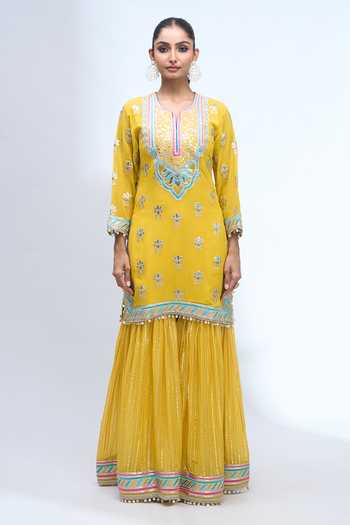 Shop_Gopi Vaid_Yellow Split V-neck, Yes Embroidered Kurta Sharara Set 