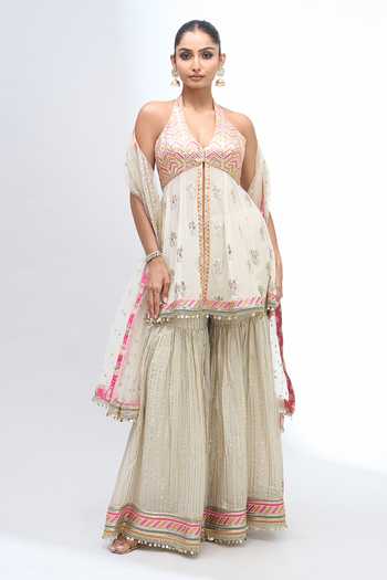 Buy_Gopi Vaid_Ivory Halter Neck Embroidered Kurta Sharara Set _Online_at_Aza_Fashions