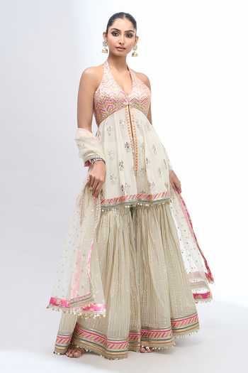 Shop_Gopi Vaid_Ivory Halter Neck Embroidered Kurta Sharara Set _Online_at_Aza_Fashions