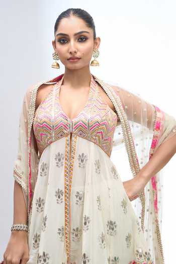 Buy_Gopi Vaid_Ivory Halter Neck Embroidered Kurta Sharara Set 