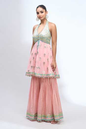 Shop_Gopi Vaid_Pink Halter Neck Embroidered Kurta Sharara Set _Online_at_Aza_Fashions