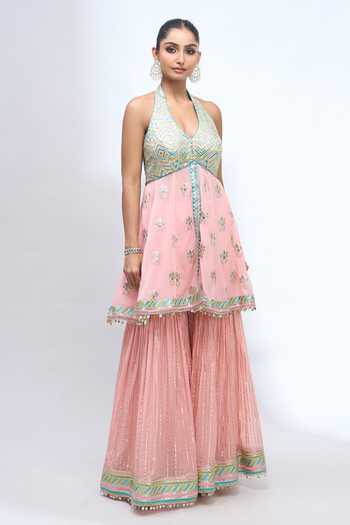 Buy_Gopi Vaid_Pink Halter Neck Embroidered Kurta Sharara Set 