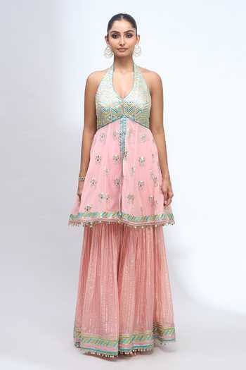 Shop_Gopi Vaid_Pink Halter Neck Embroidered Kurta Sharara Set 