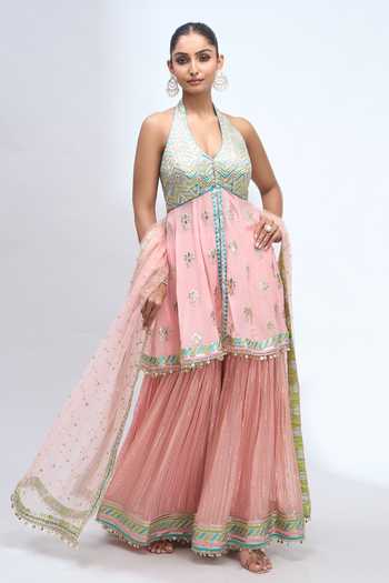 Gopi Vaid Embroidered Halter Kurta Sharara Set 
