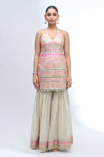 Buy Gopi Vaid Ivory Halter Neck, Yes Embroidered Kurta Sharara Set Buy_Gopi Vaid_Ivory Halter Neck, Yes Embroidered Kurta Sharara Set
