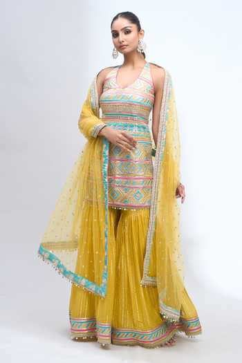 Buy_Gopi Vaid_Yellow Halter Neck, Yes Embroidered Kurta Sharara Set _Online_at_Aza_Fashions